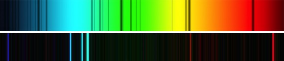 Comparación de un espectro estelar (Sol, arriba) y un espectro nebular (nebulosa de Orión, abajo). Los espectros estelares poseen líneas de absorción (bandas oscuras) sobre un continuo que sigue la forma de la emisión de un cuerpo negro (por eso se ven esas degradaciones en los extremos del espectro). En el espectro de la Nebulosa de Orión (M 42) sólo se ven líneas brillantes a longitudes de ondas muy concretas, sobre un fondo negro. Crédito: Espectro del sol por Chris North. Espectro de M42 por Keith Forbes.
